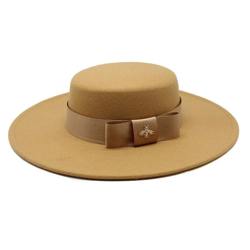 Tan fedora hat for women with flat top, French bowknot and gold bee brooch, GUOCALI Paris