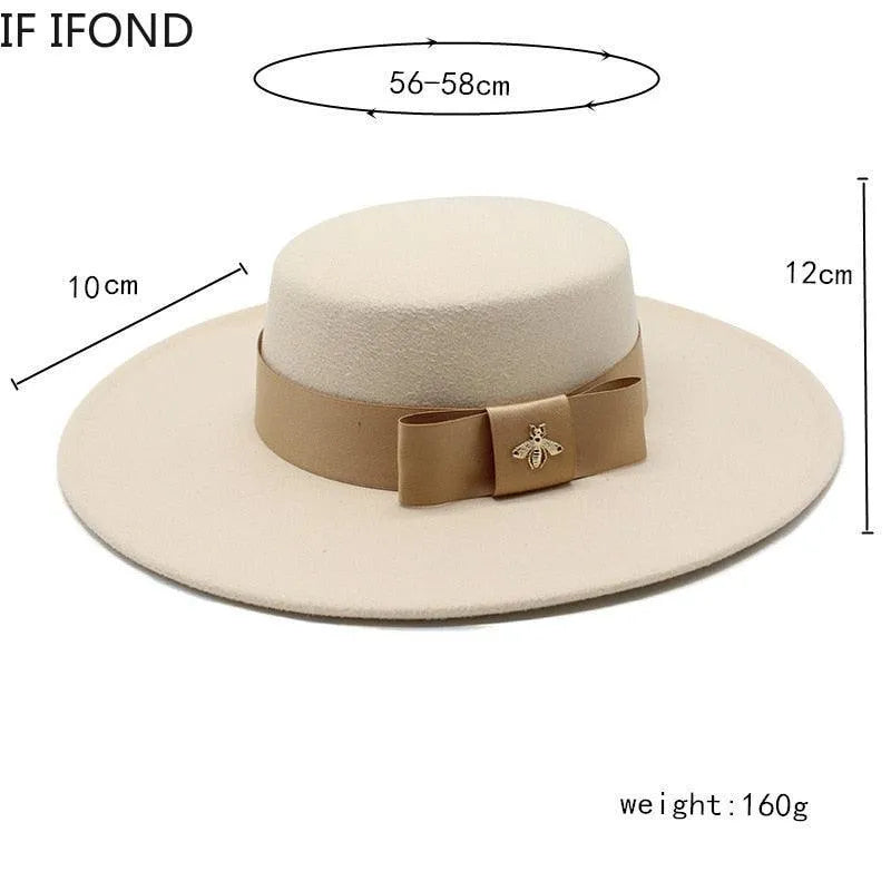 Beige flat top fedora hat for women with tan bowknot and bee pin, luxury fashion accessory