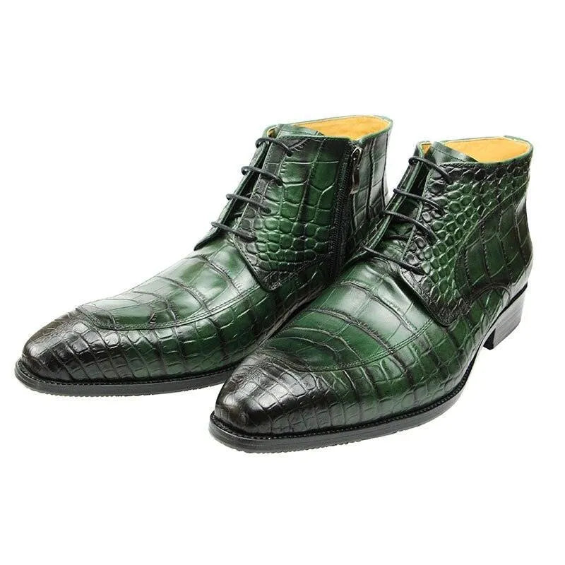 Green crocodile embossed leather ankle boots with laces, luxury men's footwear by GUOCALI.