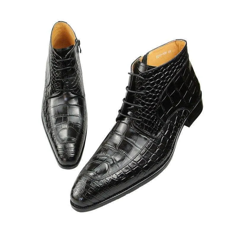 GUOCALI black crocodile-embossed leather ankle boots for men, luxury designer footwear