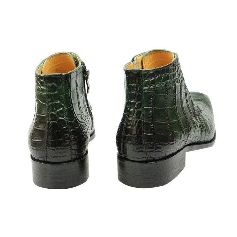 GUOCALI luxury dark green crocodile-embossed leather ankle boots, side and back view