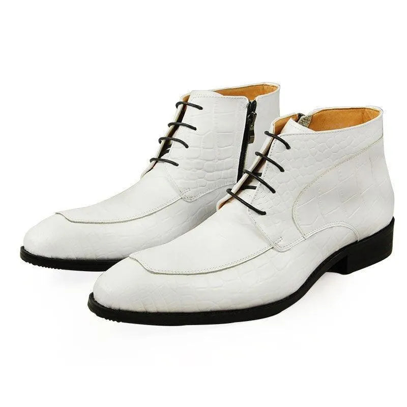 White leather ankle boots with crocodile texture, black laces and soles, GUOCALI luxury mens shoes