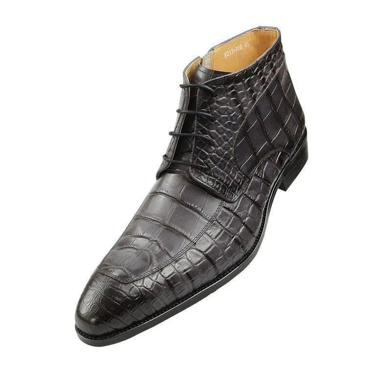 GUOCALI men’s black crocodile-embossed leather ankle boot, designer luxury shoe
