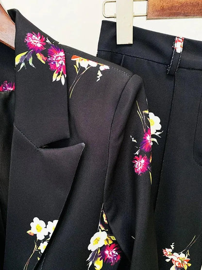 Floral Pant Suit - Notched Collar Women Trouser Suit -Guocali