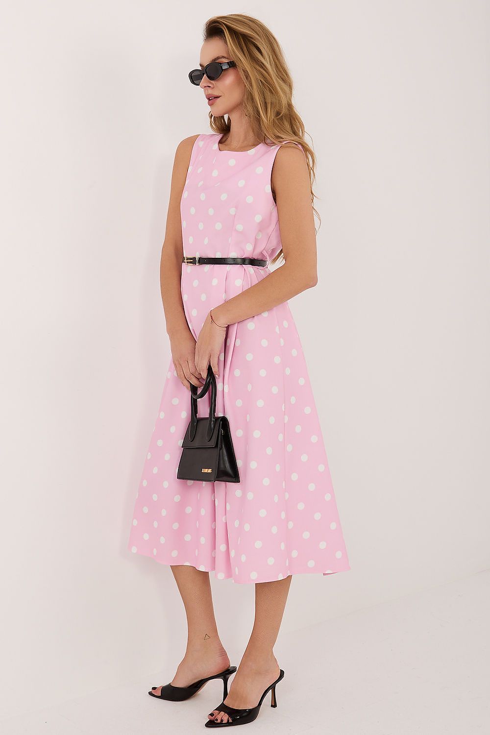 Formal Midi Dress – Round Neck, A-Line, Polka Dots, Pink – Daydress | GUOCALI – view 2