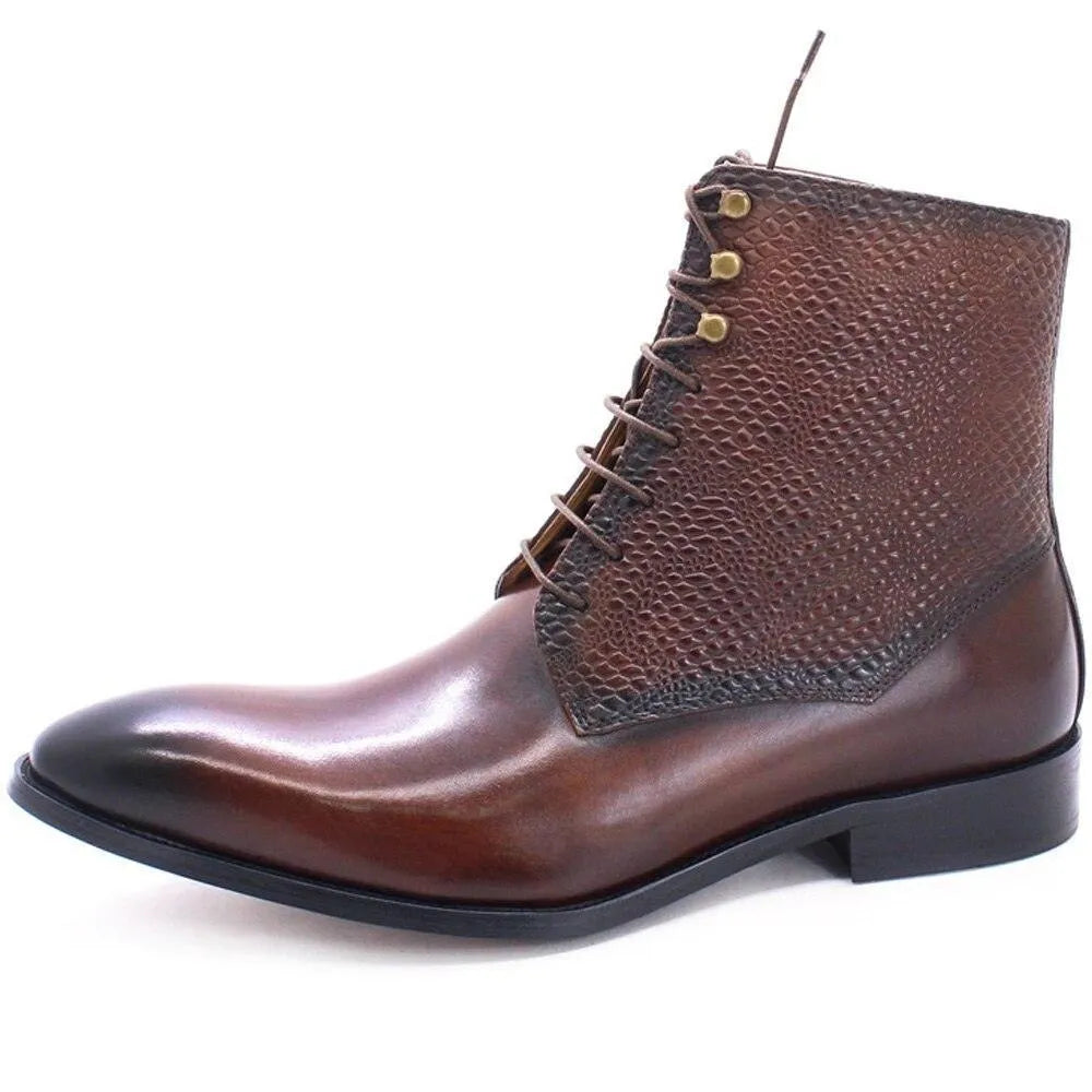 Men's brown leather ankle boot with textured snakeskin detail, lace-up, luxury fashion by GUOCALI