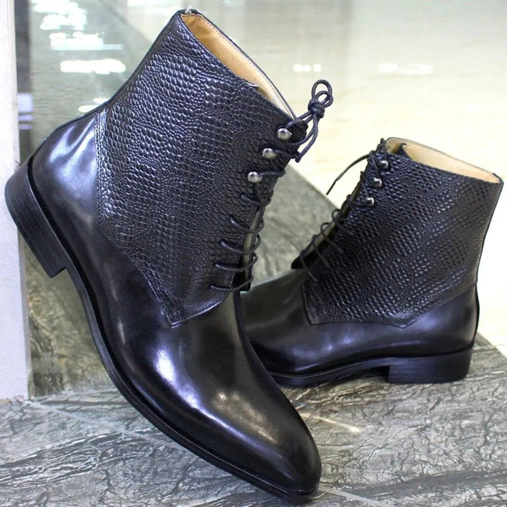 GUOCALI Paris black leather ankle boots with textured sides, premium designer men's footwear