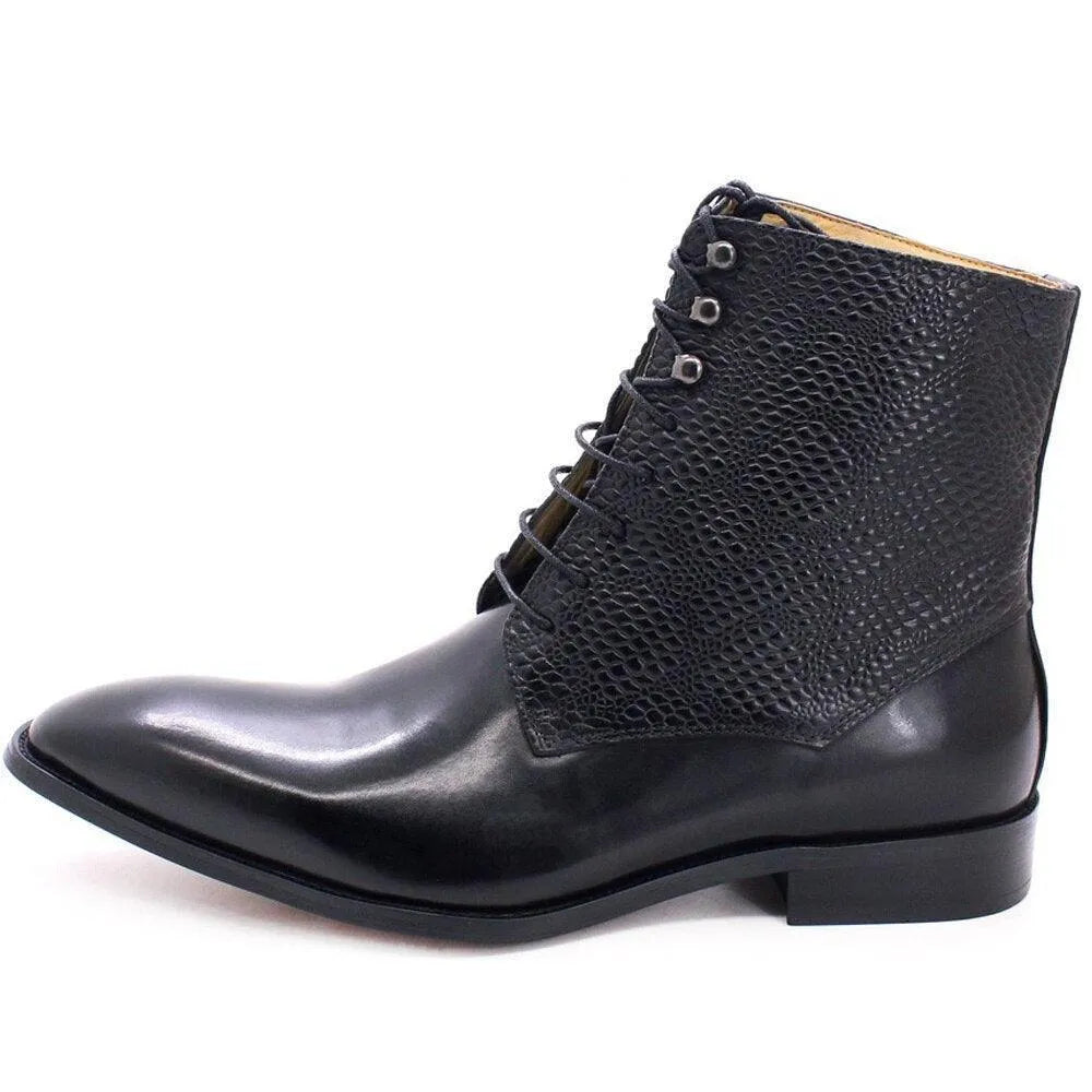 GUOCALI Paris men's black leather ankle boot with textured sides, luxury designer shoe
