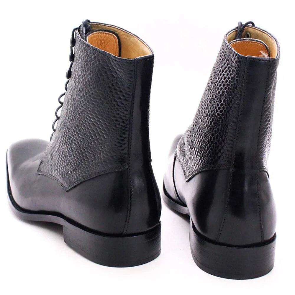 GUOCALI Paris black leather ankle boots with textured finish and lace-up detail, luxury shoes
