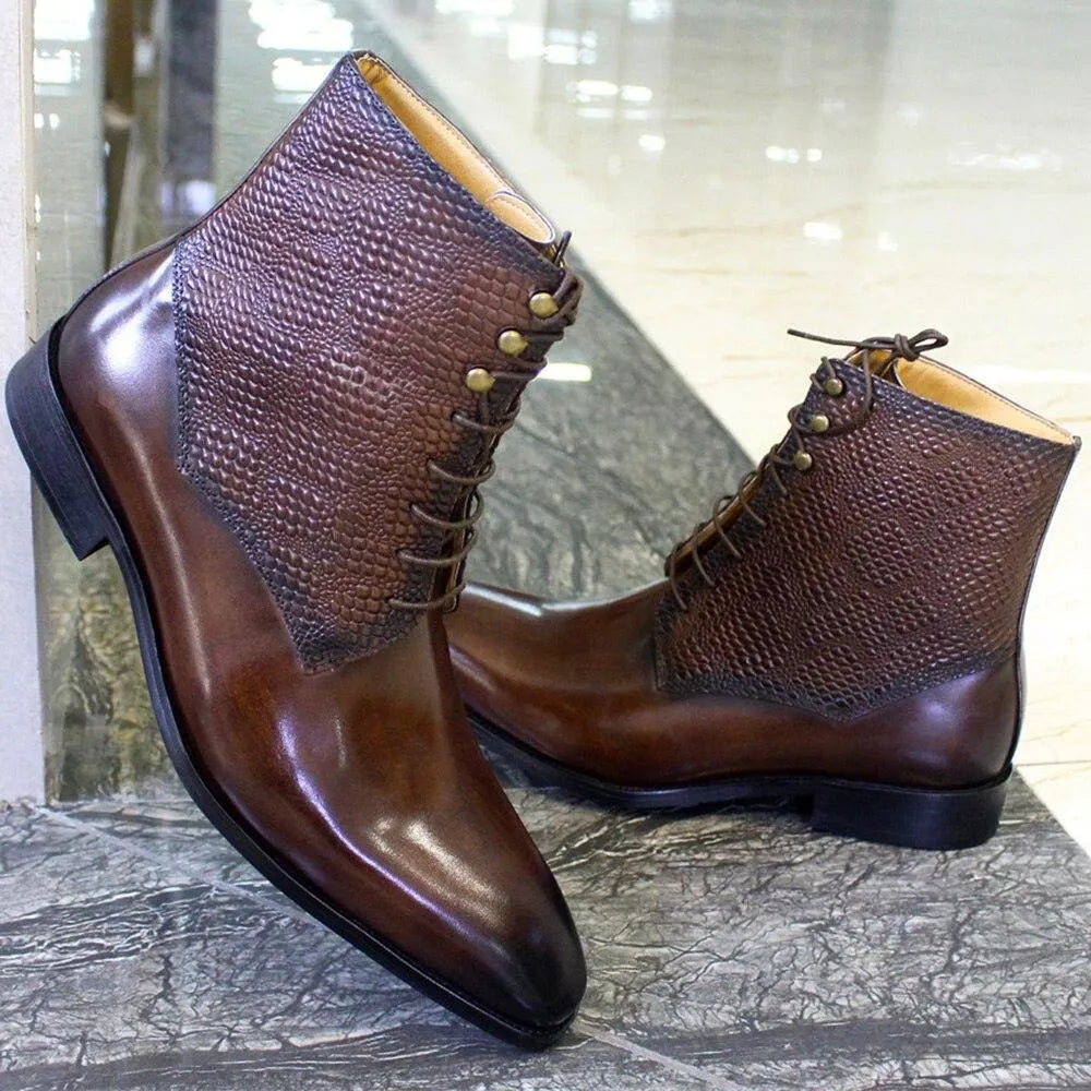 Men's brown leather ankle boots with textured snakeskin pattern, luxury fashion by GUOCALI.