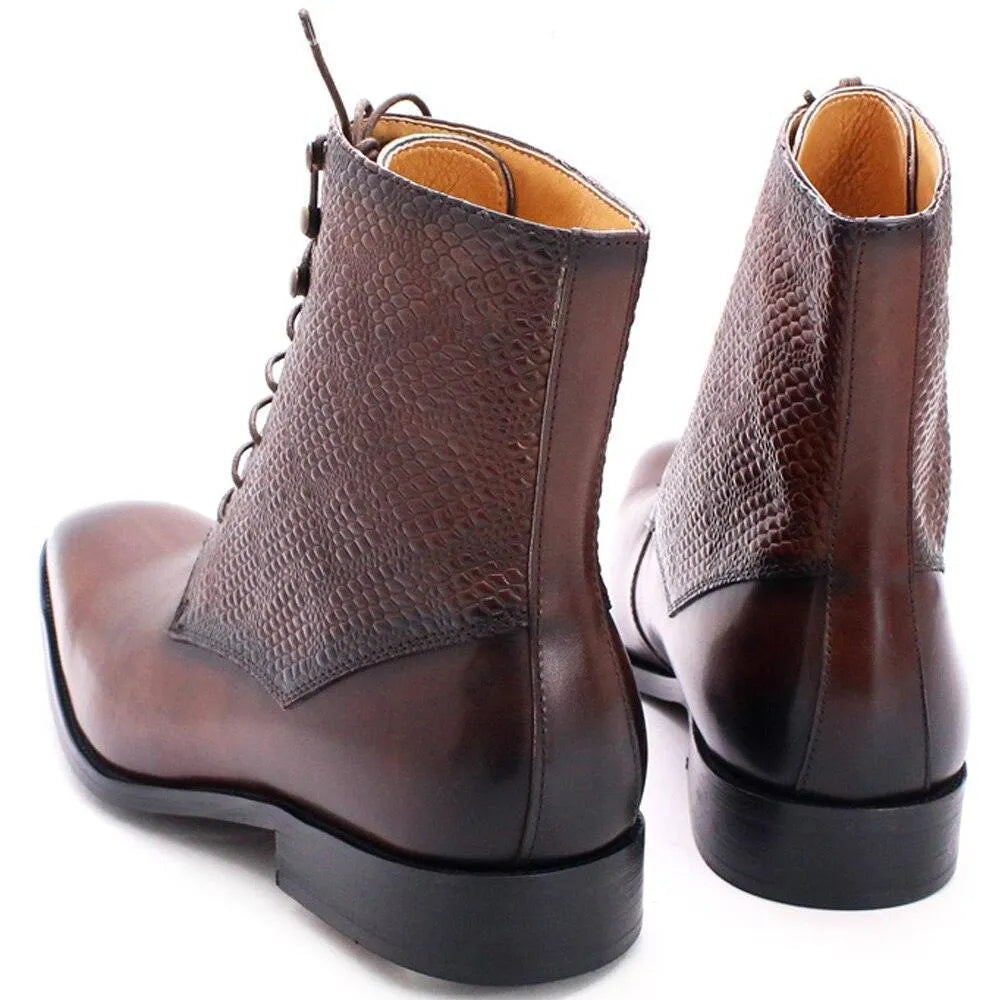 GUOCALI Franklin men's brown leather ankle boots with textured detail and lace-up design