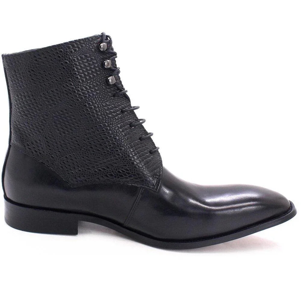 GUOCALI Paris men's black leather ankle boot with textured upper and lace-up design