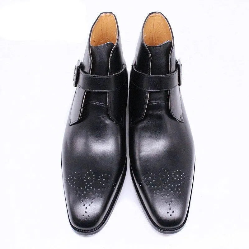 Black leather ankle dress boots for men with side buckle by GUOCALI Paris on white background