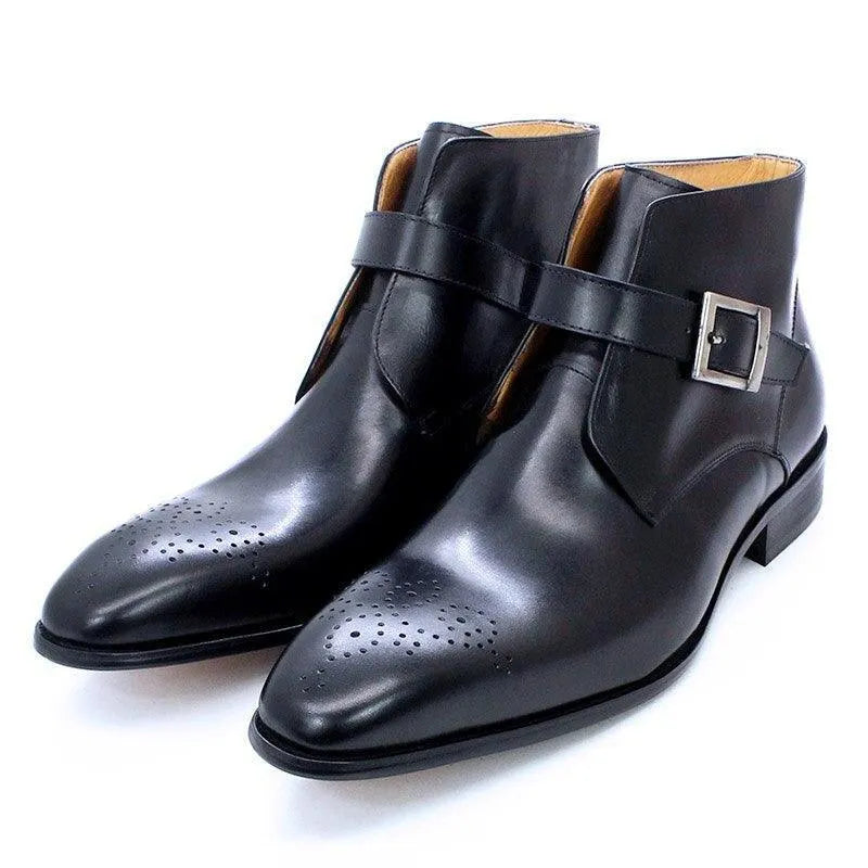 Men's black leather ankle dress boots with buckle, perforated toe, from GUOCALI Paris