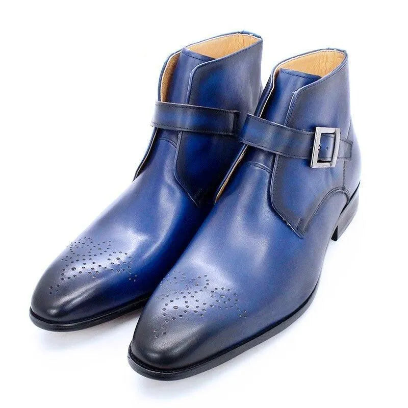 Men's blue leather ankle dress boots with buckle, luxury footwear by GUOCALI Paris