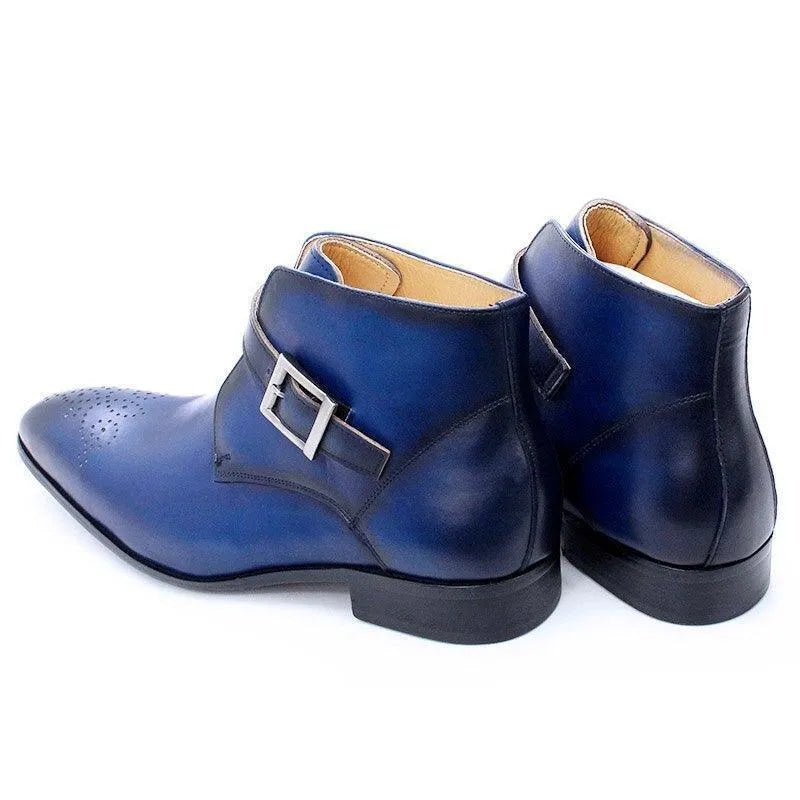 Men's blue leather ankle dress boots with buckle, luxury shoes by GUOCALI Paris