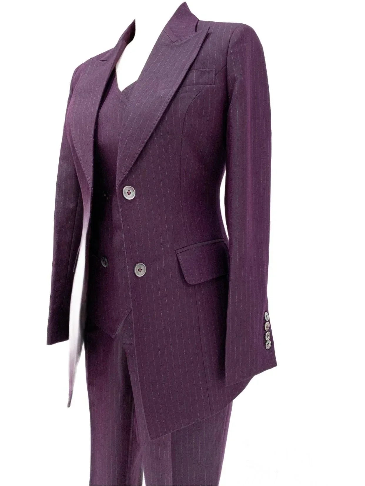 Fuchsia Striped Worsted Pant Suit, Slim Three-Piece Women Suit, Business Formal -Guocali