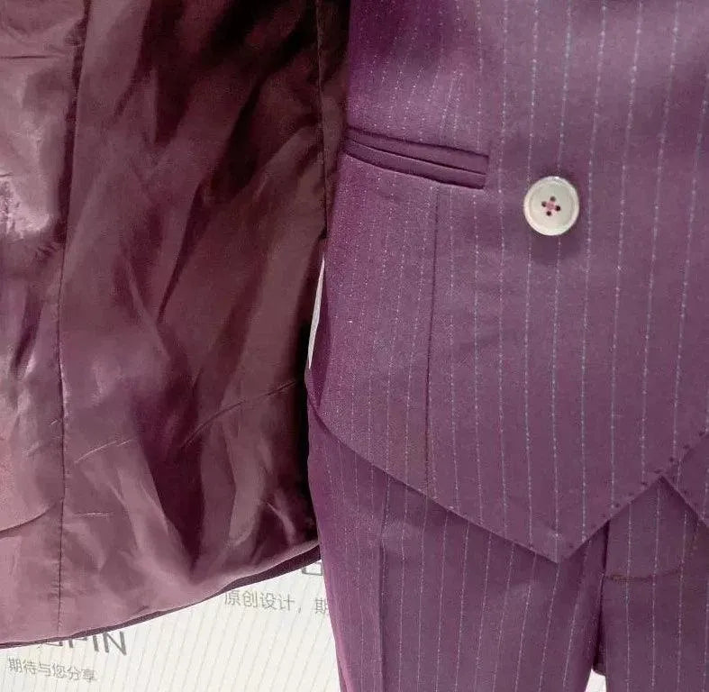 Fuchsia Striped Worsted Pant Suit, Slim Three-Piece Women Suit, Business Formal -Guocali
