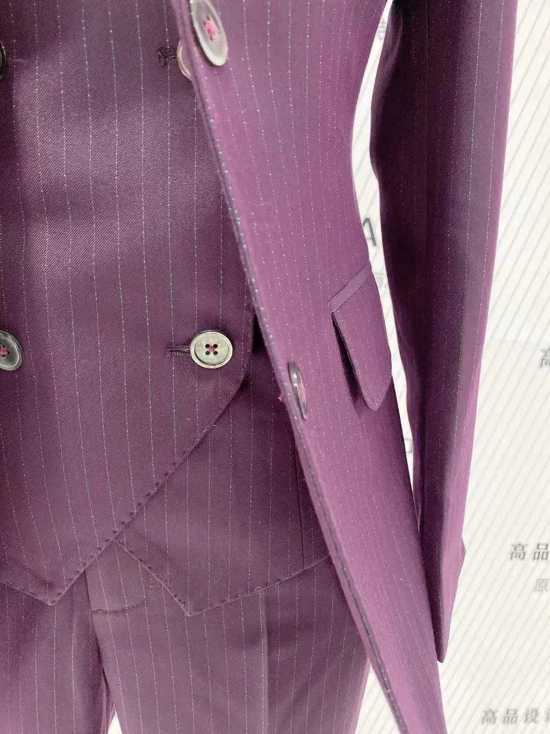 Fuchsia Striped Worsted Pant Suit, Slim Three-Piece Women Suit, Business Formal -Guocali