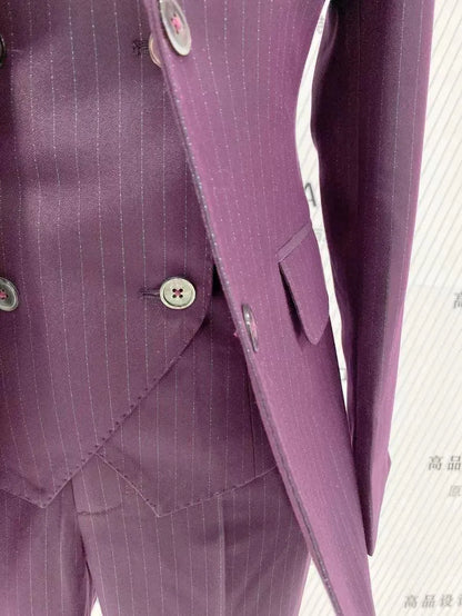 Fuchsia Striped Worsted Pant Suit, Slim Three-Piece Women Suit, Business Formal -Guocali