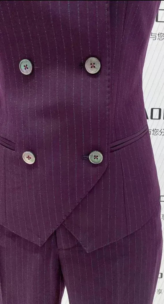 Fuchsia Striped Worsted Pant Suit, Slim Three-Piece Women Suit, Business Formal -Guocali