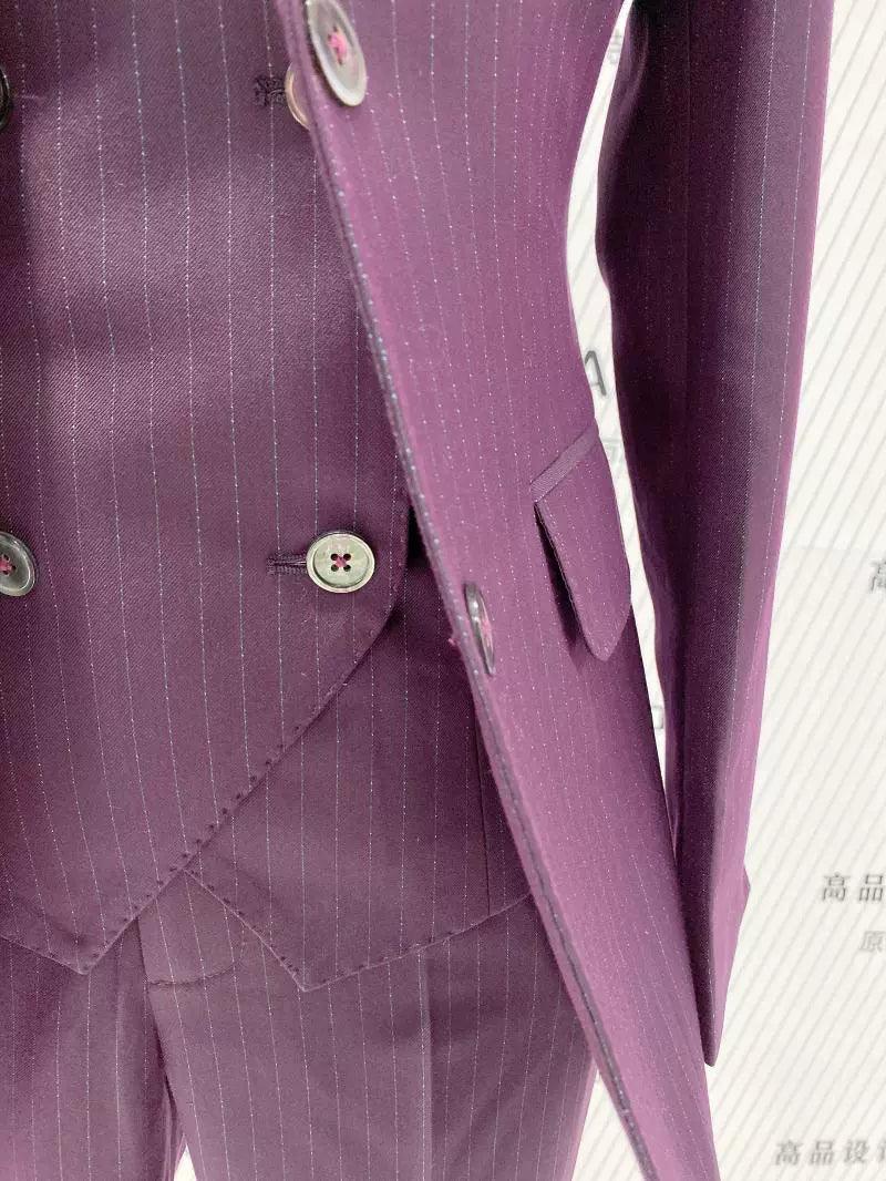 Fuchsia Striped Worsted Pant Suit, Slim Three-Piece Women Suit, Business Formal - Pantsuit - Guocali