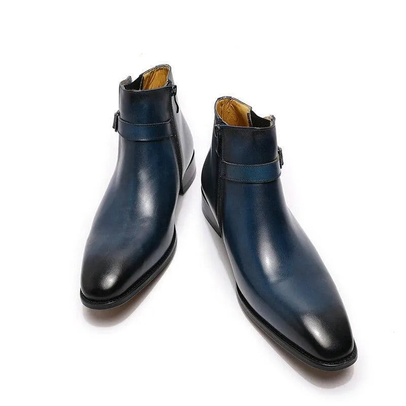 GUOCALI blue leather ankle boots for men, luxury designer footwear, side buckle detail