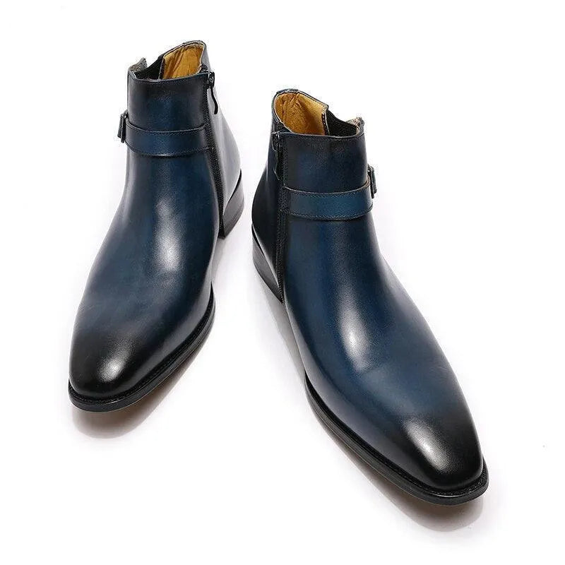 Men's blue leather ankle boots with strap detail, luxury designer shoes from GUOCALI Paris