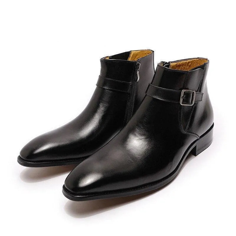 Men's black leather ankle boots with buckle detail from GUOCALI Paris, luxury designer shoes
