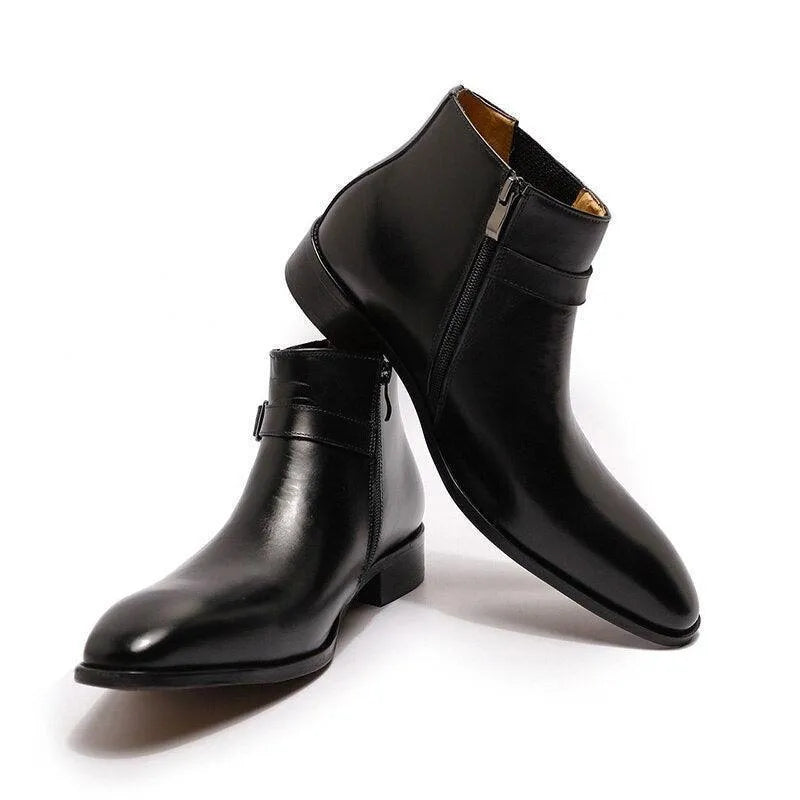 GUOCALI black leather ankle boots with side zipper, luxury men's footwear on white background