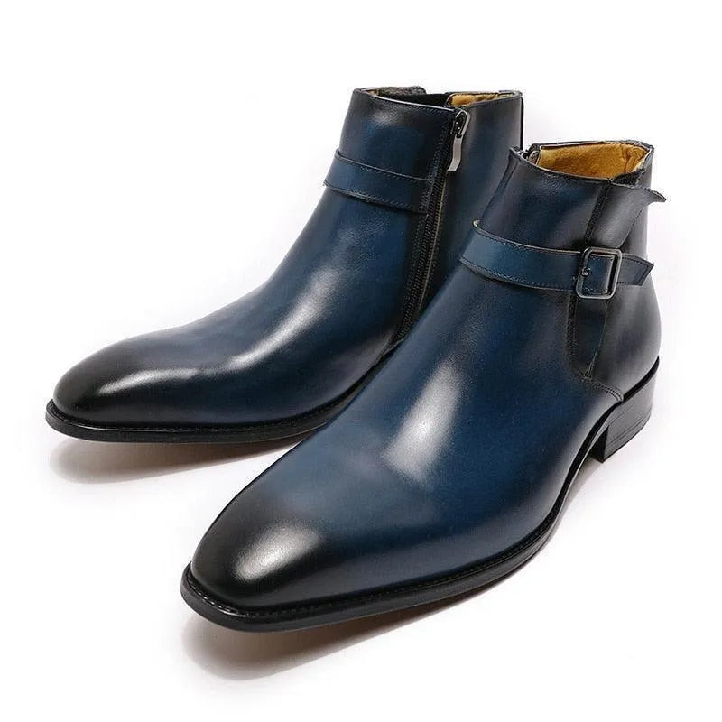 GUOCALI men's blue leather ankle boots with buckle detail and sleek contemporary design