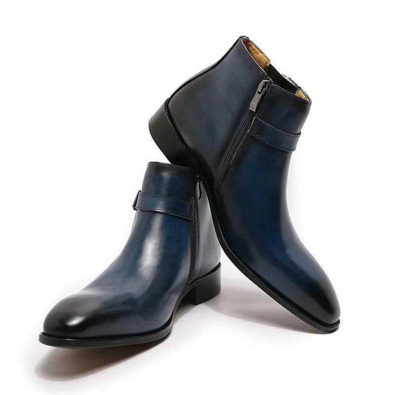GUOCALI blue leather ankle boots for men with side zipper, contemporary luxury design