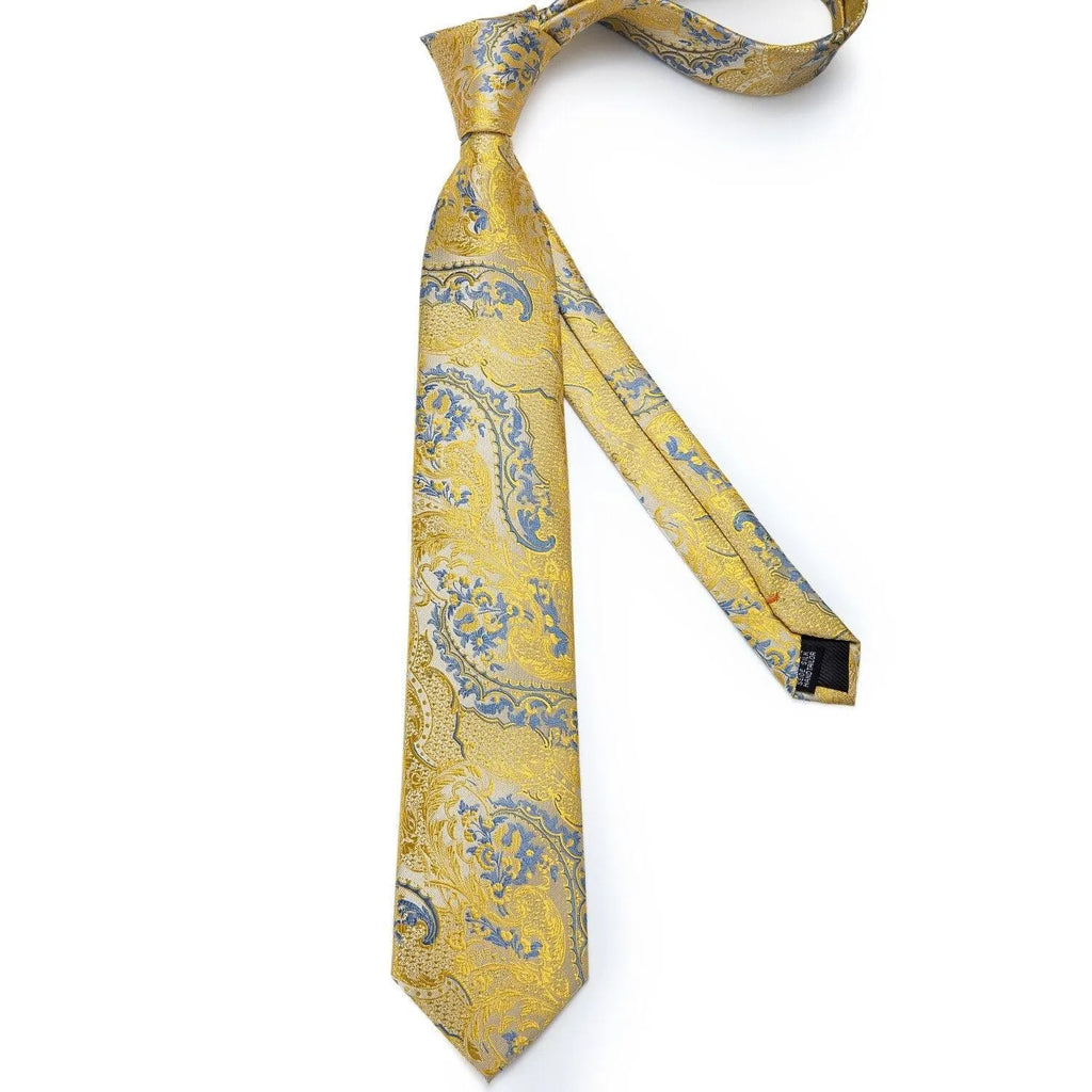 Gold Blue Paisley Necktie Set -Guocali