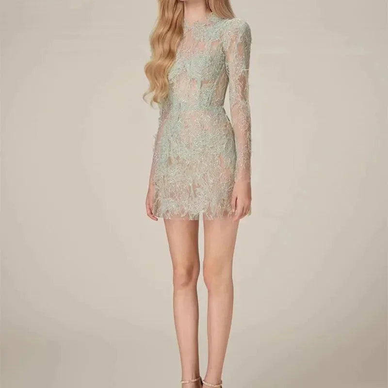 Green Lace Bodycon Long-Sleeve Party Dress -Guocali
