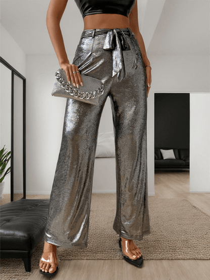 Chic Women Trousers – High-Waist Metallic Finish