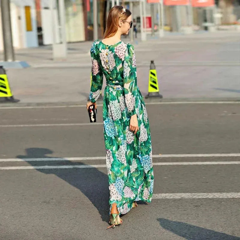 High-Quality Long-Sleeved Printed Maxi Dress – Elegant Floral Dress -Guocali