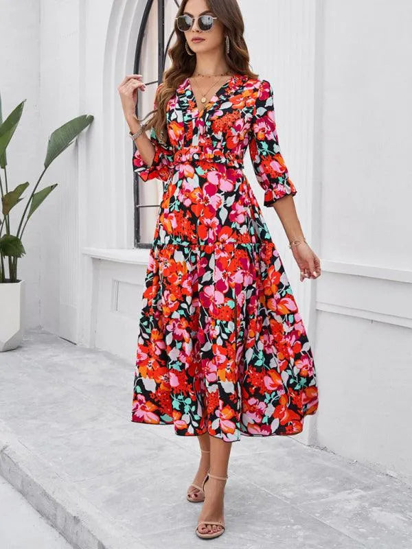 Holiday Casual Printed V-Neck Slit Dress -Guocali