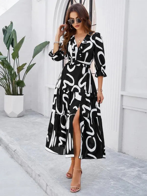 Holiday Casual Printed V-Neck Slit Dress -Guocali