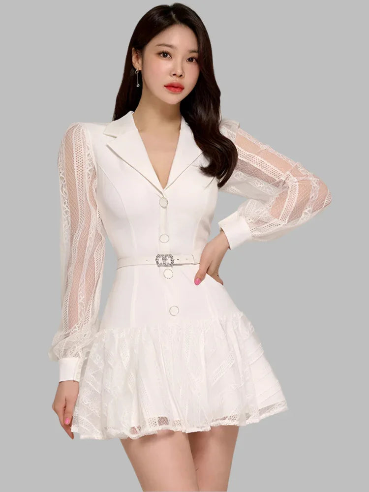 Hollow-Out Lace Patchwork Blazer Party Dress – White – Party Dress | GUOCALI