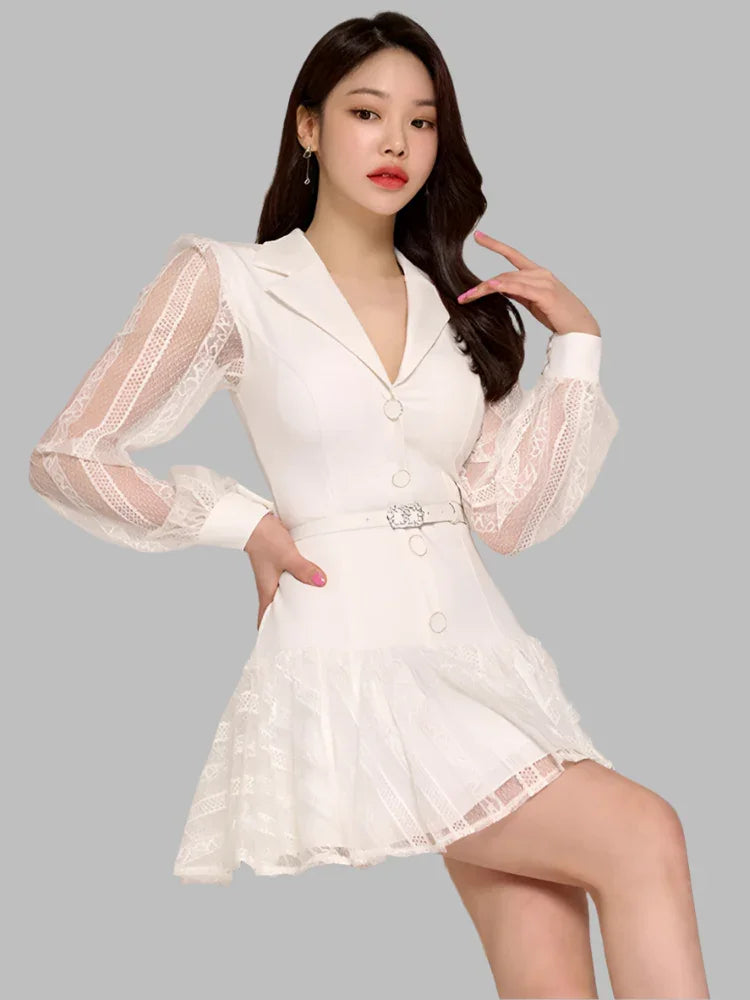 Hollow-Out Lace Patchwork Blazer Party Dress – White – Party Dress | GUOCALI – view 3