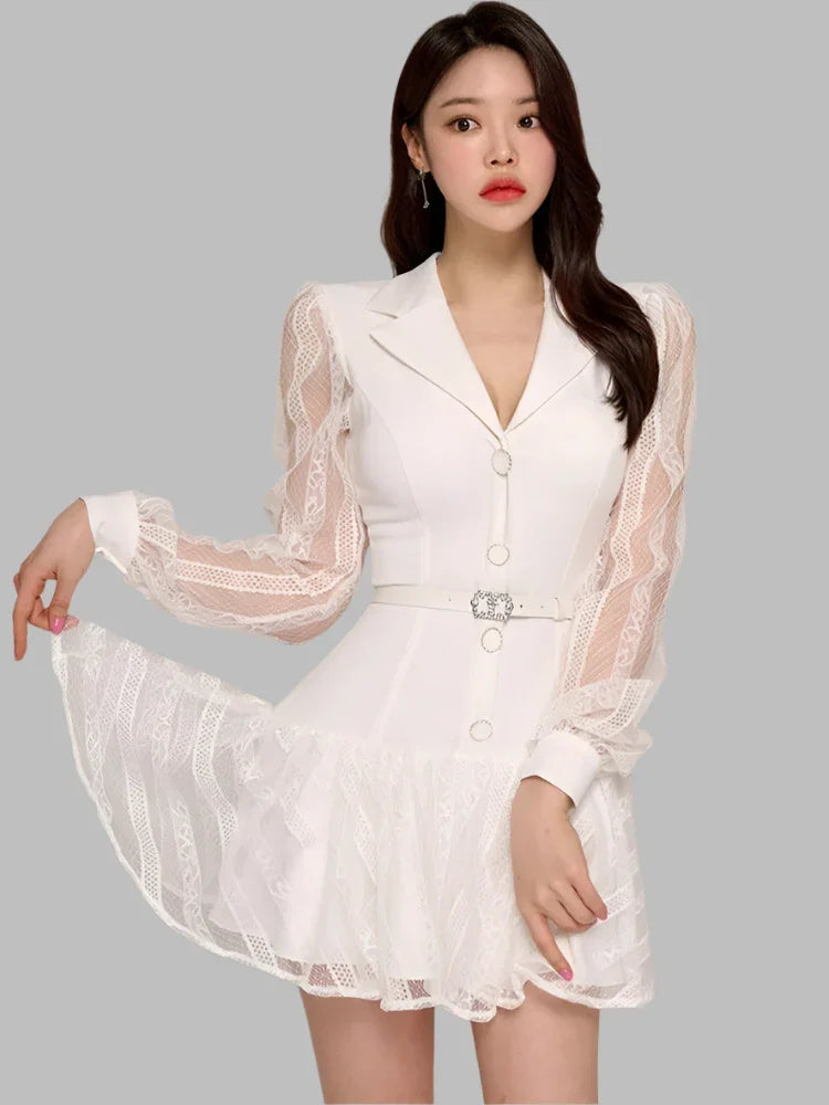 Hollow-Out Lace Patchwork Blazer Party Dress – White – Party Dress | GUOCALI – view 4