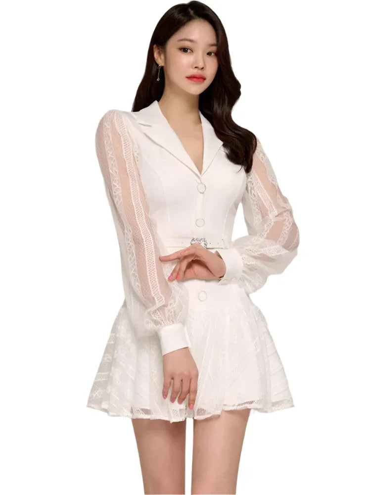 Hollow-Out Lace Patchwork Blazer Party Dress – White – Party Dress | GUOCALI – view 5