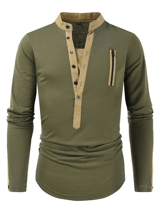 Men Henley Long-Sleeves T-Shirt – Breathable - Green, Beige