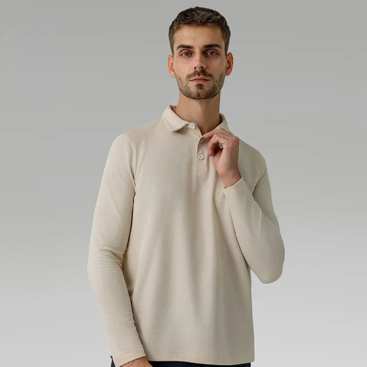 Men Long Sleeves Cotton Regular Fit Polo Shirt – Stretchable - Beige