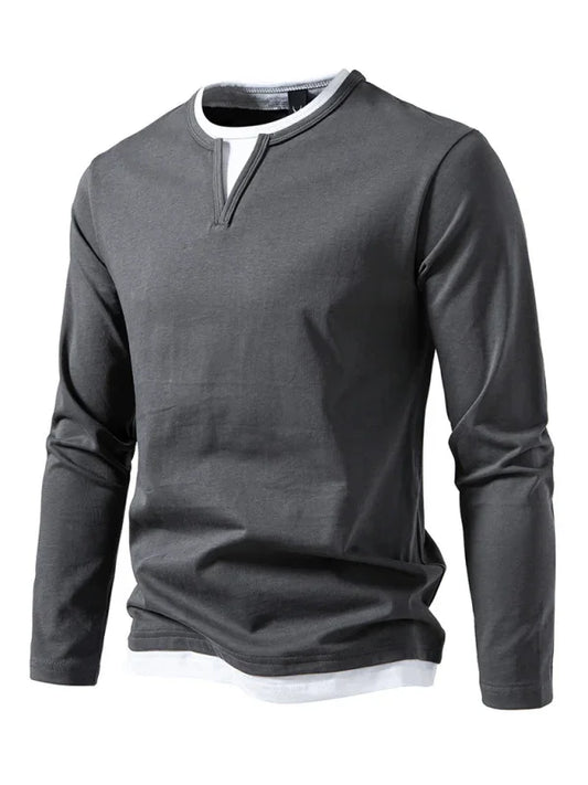 Men V-Neck Long-Sleeves T-Shirt – Stretchable - Gray, White