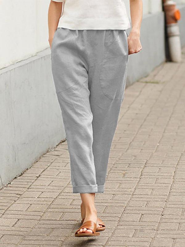 Pantalones de lino, pantalones de mujer con gran bolsillo de color sólido, cómodos pantalones de lino de algodón casuales, pantalones de pierna recta