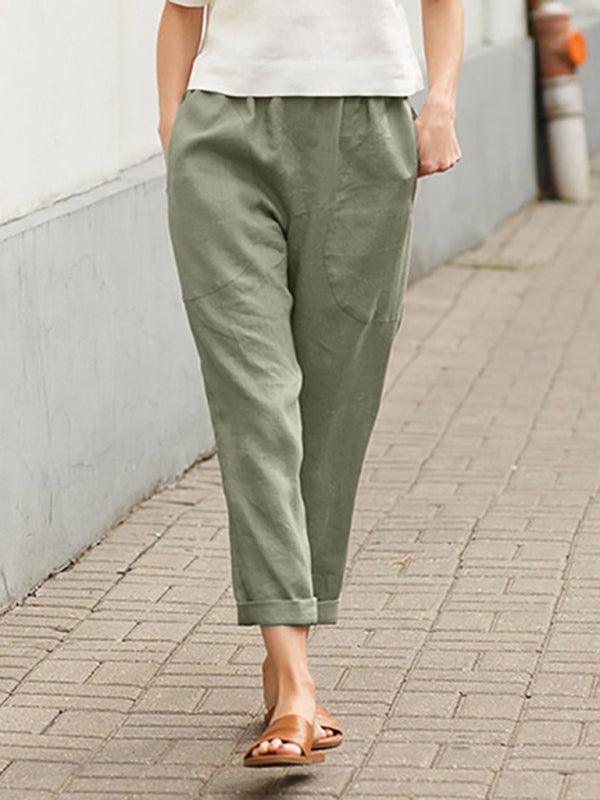 Pantalones de lino, pantalones de mujer con gran bolsillo de color sólido, cómodos pantalones de lino de algodón casuales, pantalones de pierna recta