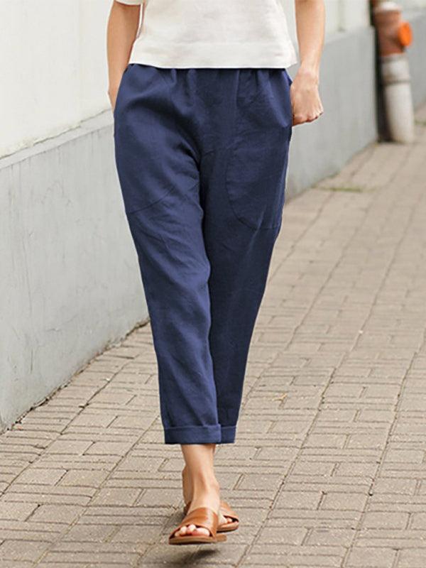 Pantalones de lino, pantalones de mujer con gran bolsillo de color sólido, cómodos pantalones de lino de algodón casuales, pantalones de pierna recta