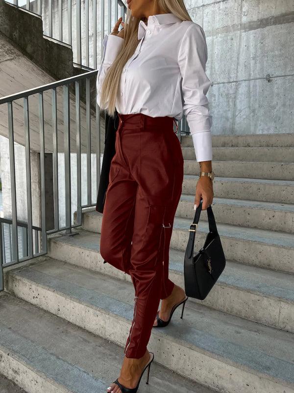Pantalones de cuero PU ajustados a la moda para mujer