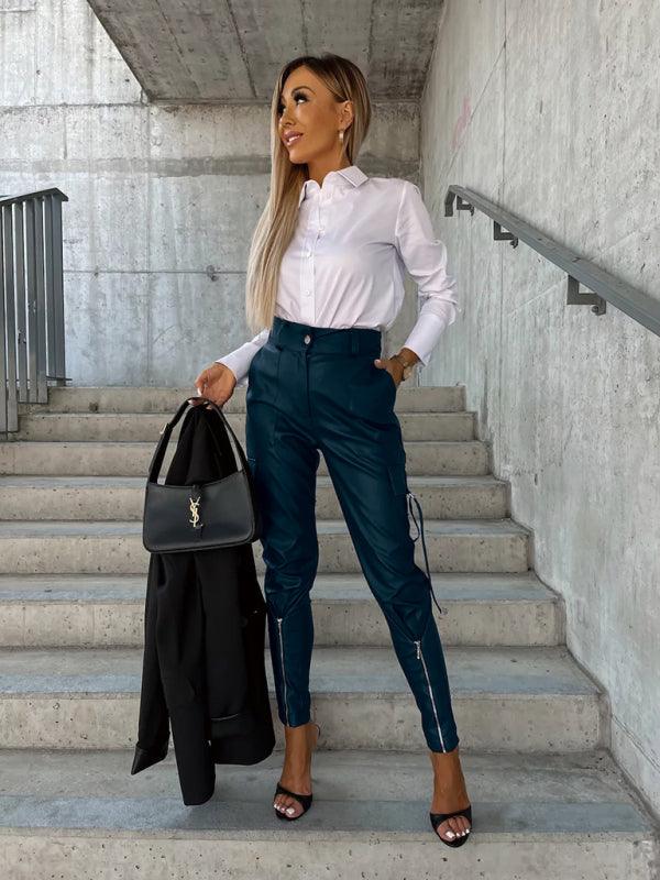 Pantalones de cuero PU ajustados a la moda para mujer